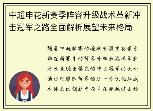 中超申花新赛季阵容升级战术革新冲击冠军之路全面解析展望未来格局