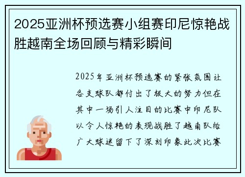 2025亚洲杯预选赛小组赛印尼惊艳战胜越南全场回顾与精彩瞬间 2025亚洲杯预选赛小组赛印尼惊艳战胜越南全场回顾与精彩瞬间